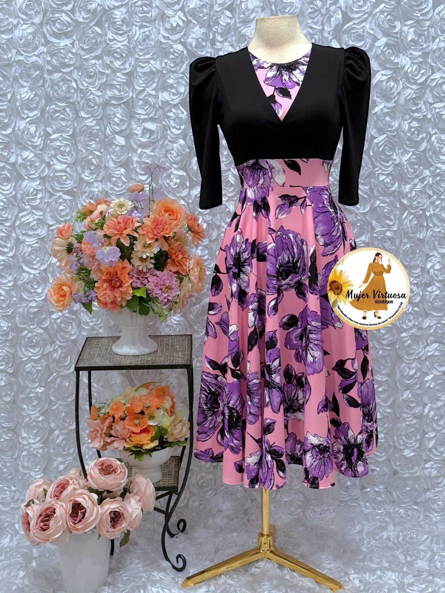 Black & Pink Floral Midi Dress