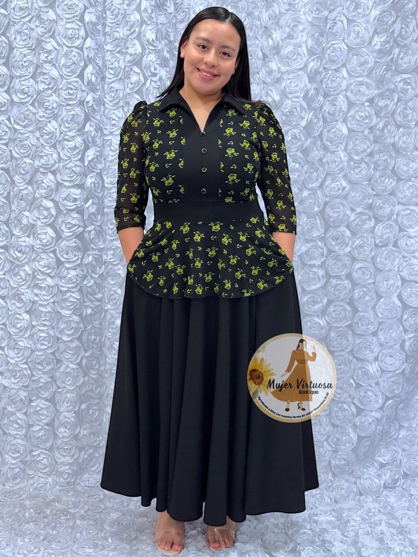 Analy Black & Lime Flowers Dress