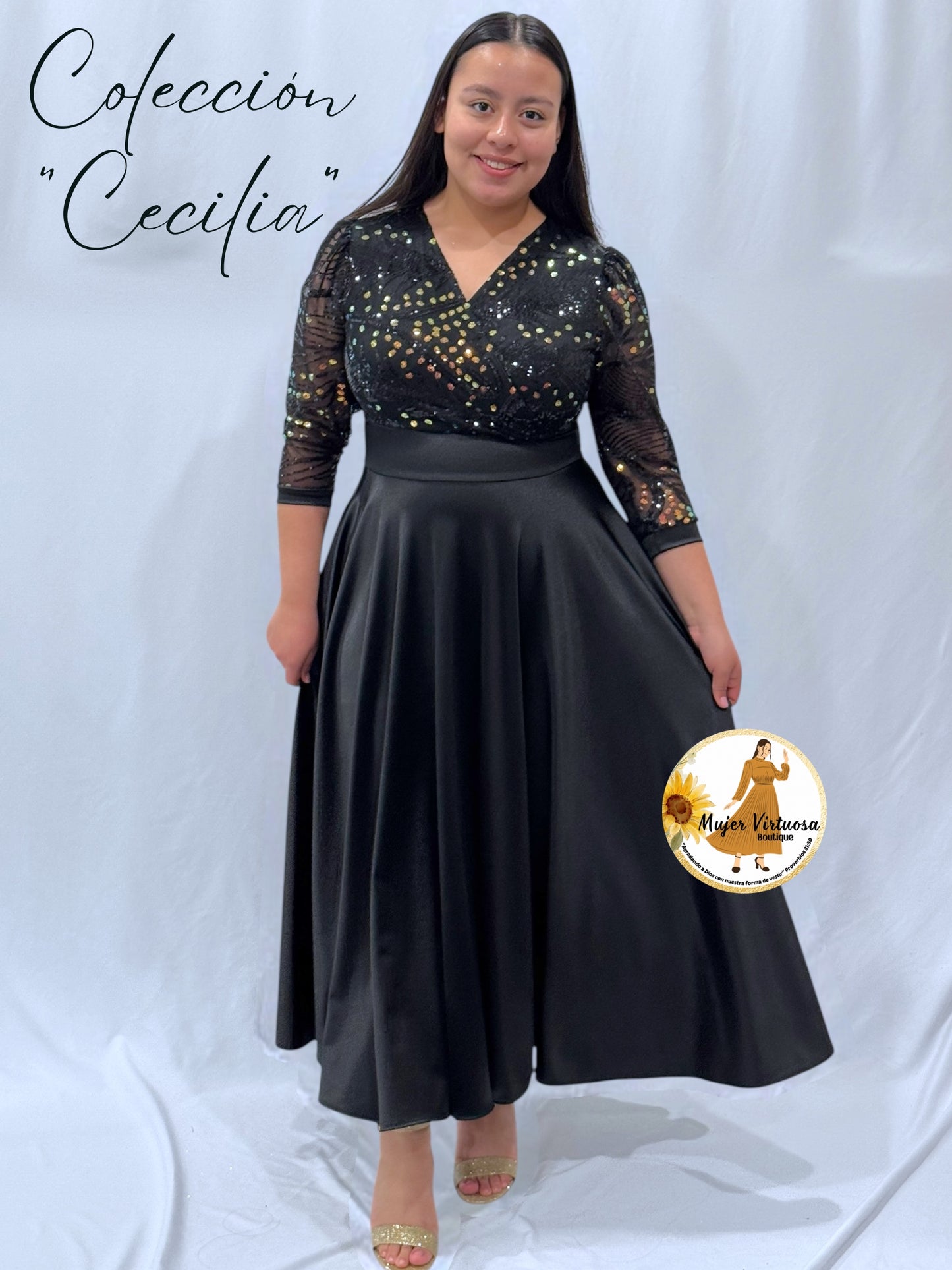 Cecilia Black Sequin Satin Dress