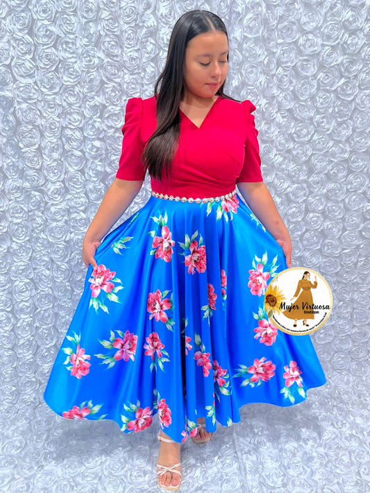 Susan Fucsia/Blue Floral Satin Dress