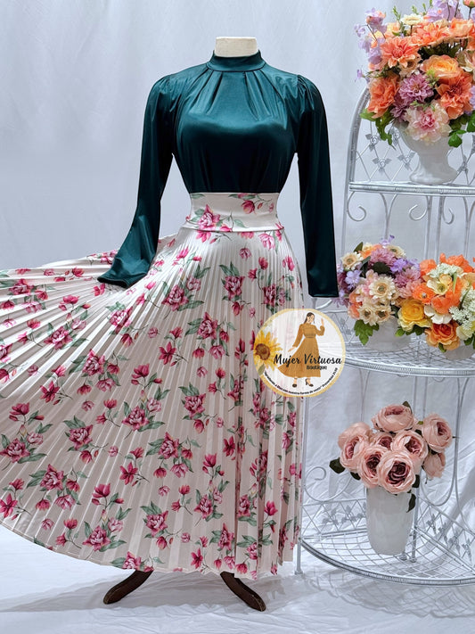 Ivory Floral Pleated Satin Skirt