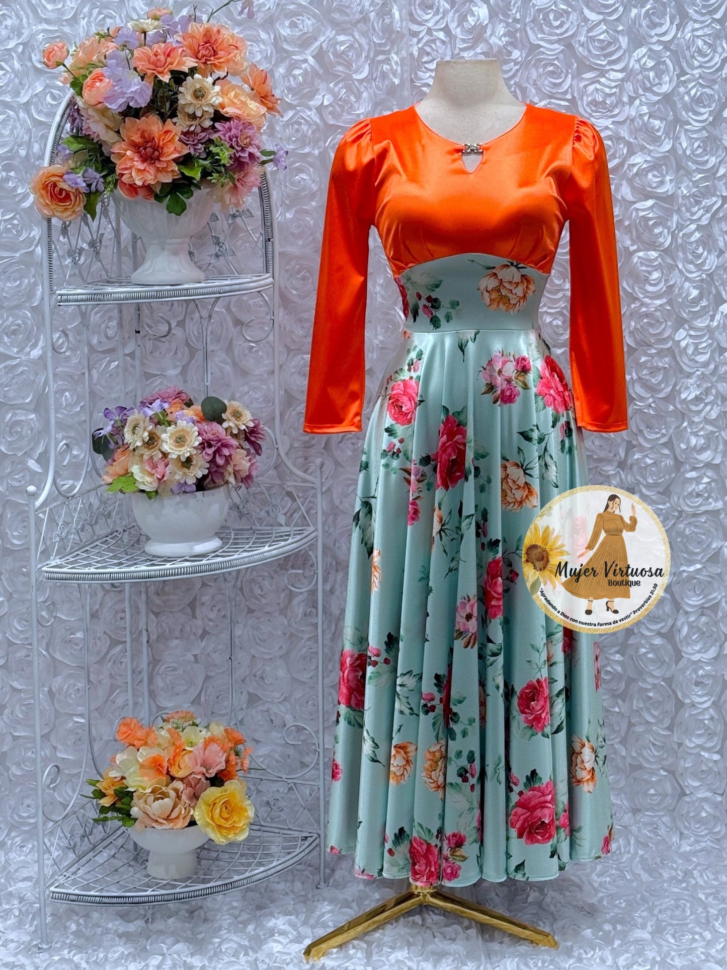 Heidi Orange/Green Satin Dress