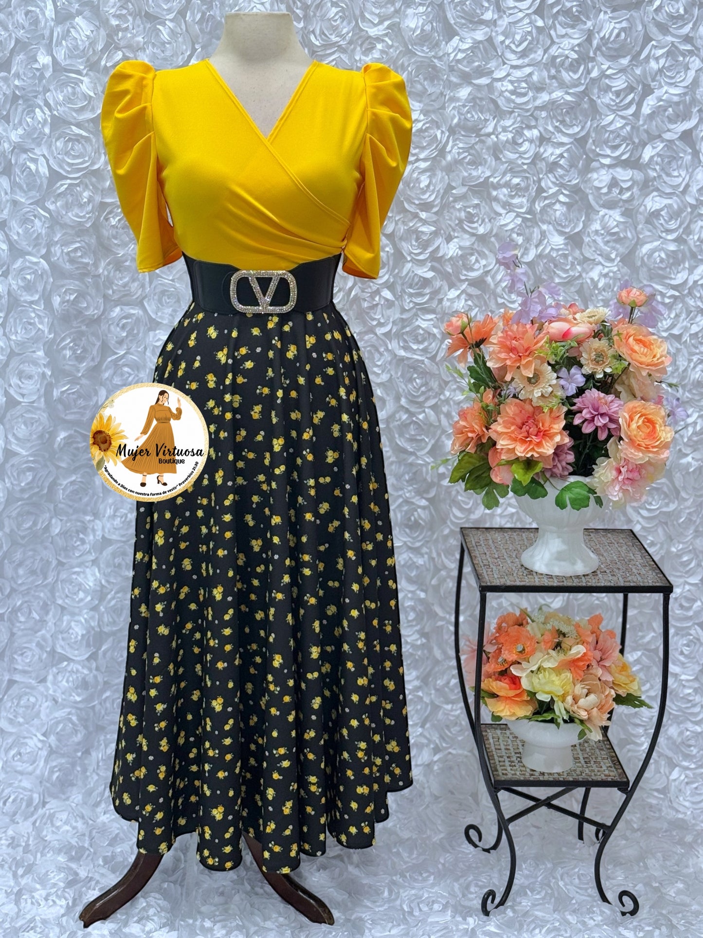 Susan Yellow & Black Ditsy Dress