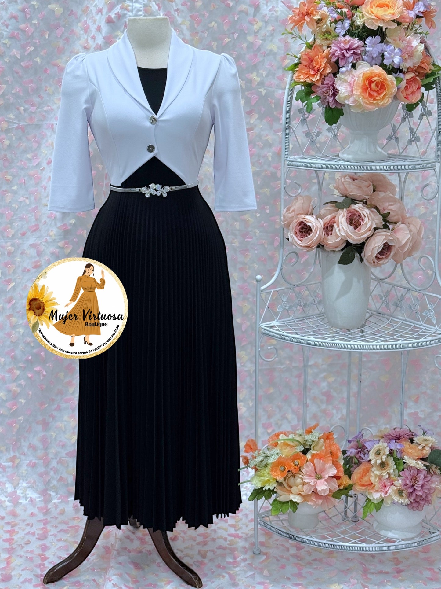 Milena White/Black Pleated Dress