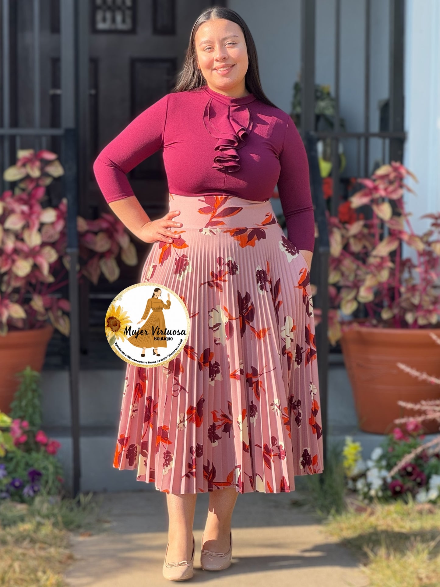 Mauve Floral Pleated Skirt