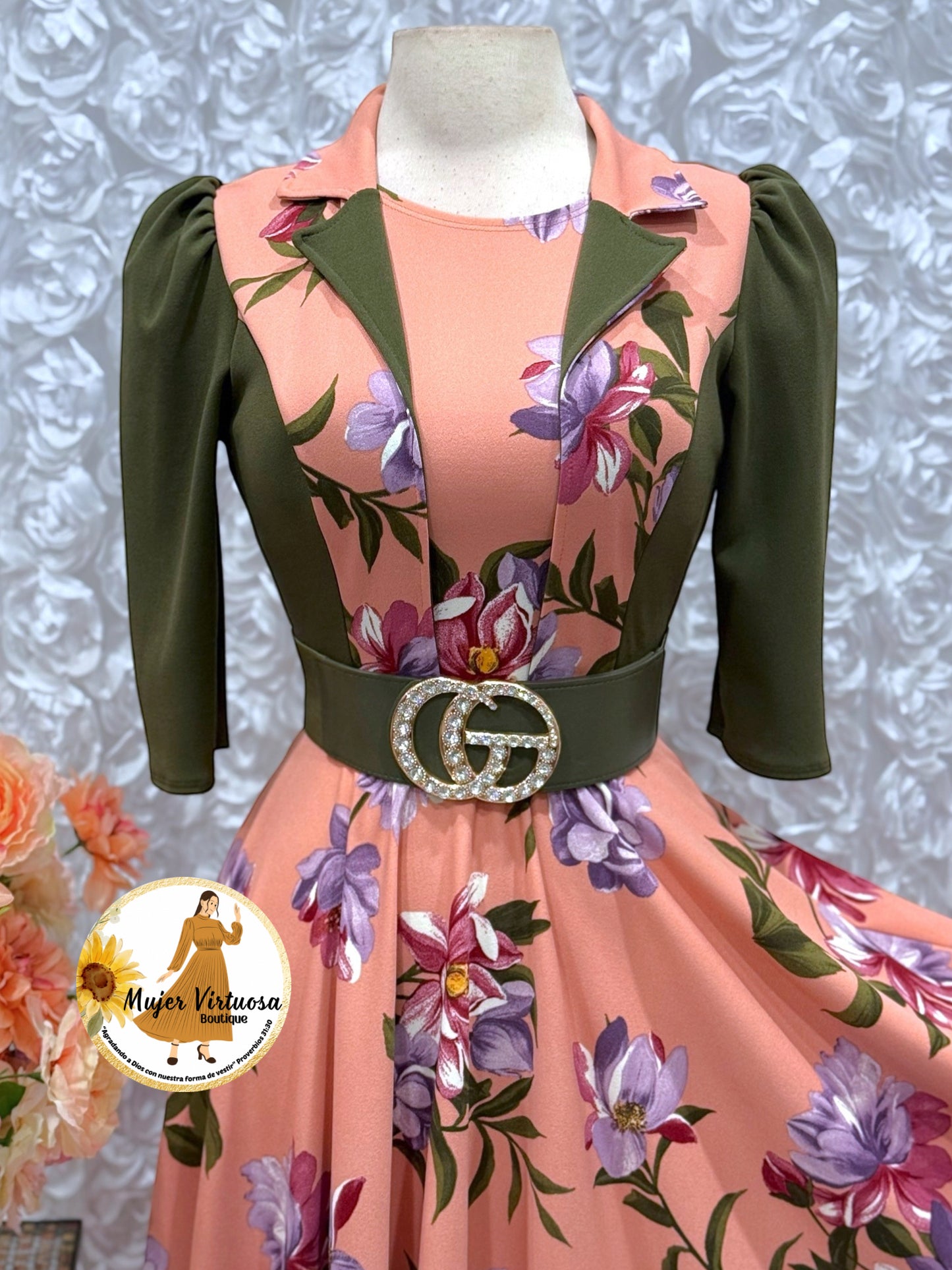 Salmon/Olive Floral Vest Dress