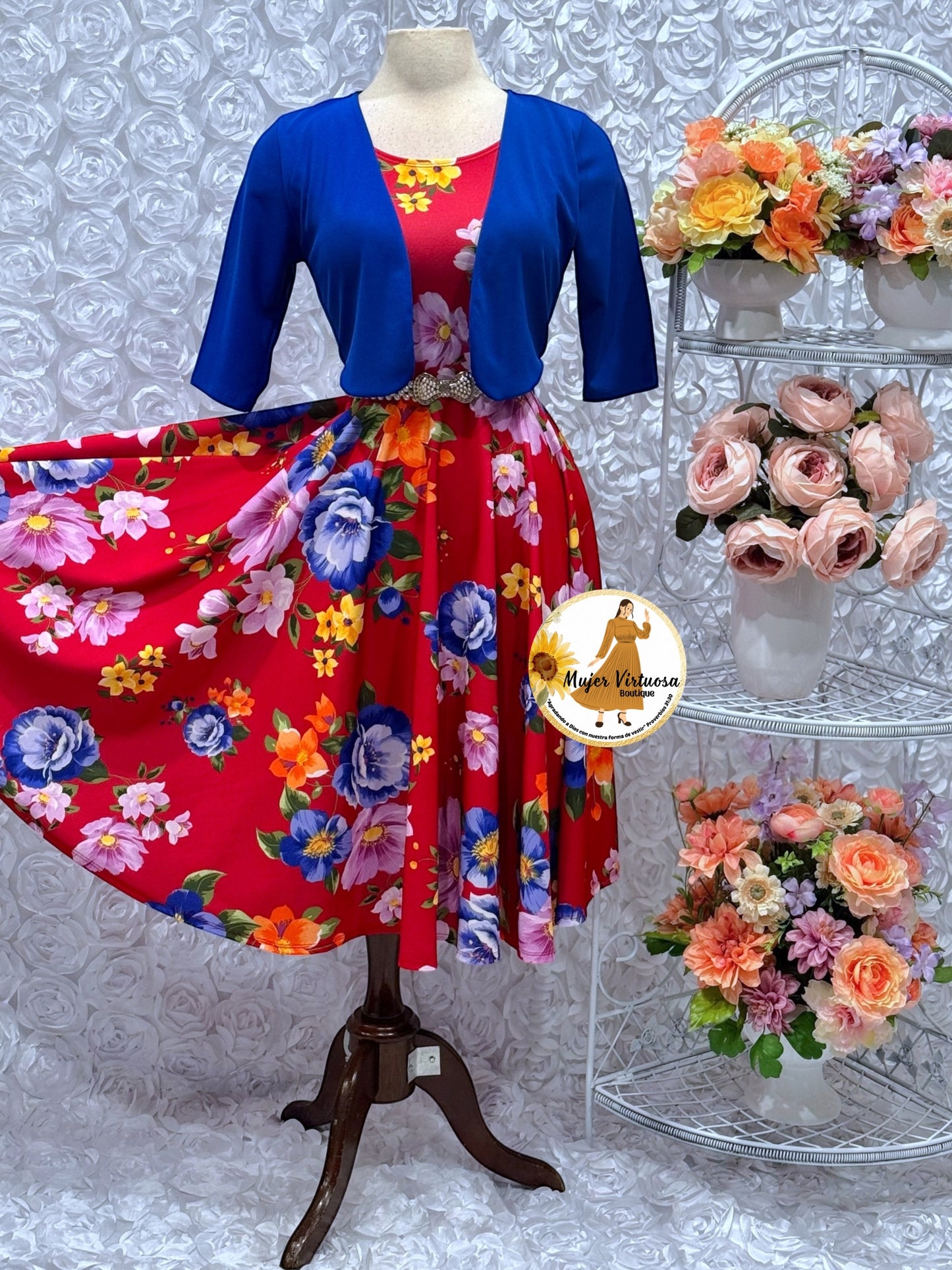Clara Blue/Red Floral Midi Dress