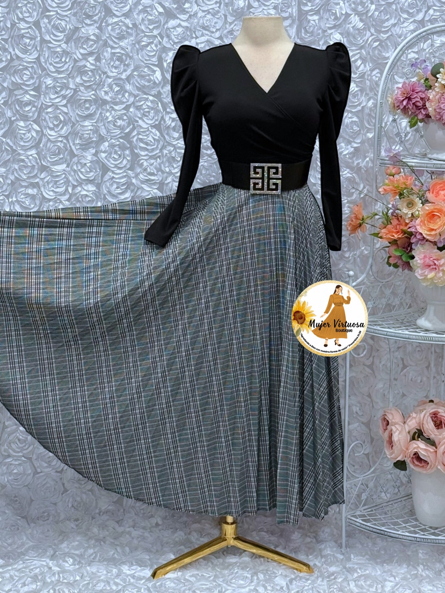 Yvette Black/Grey Plaid Dress