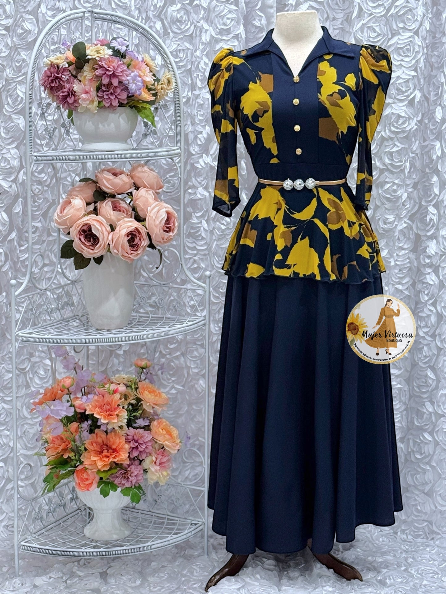 Analy Navy & Mustard Flowers Dress