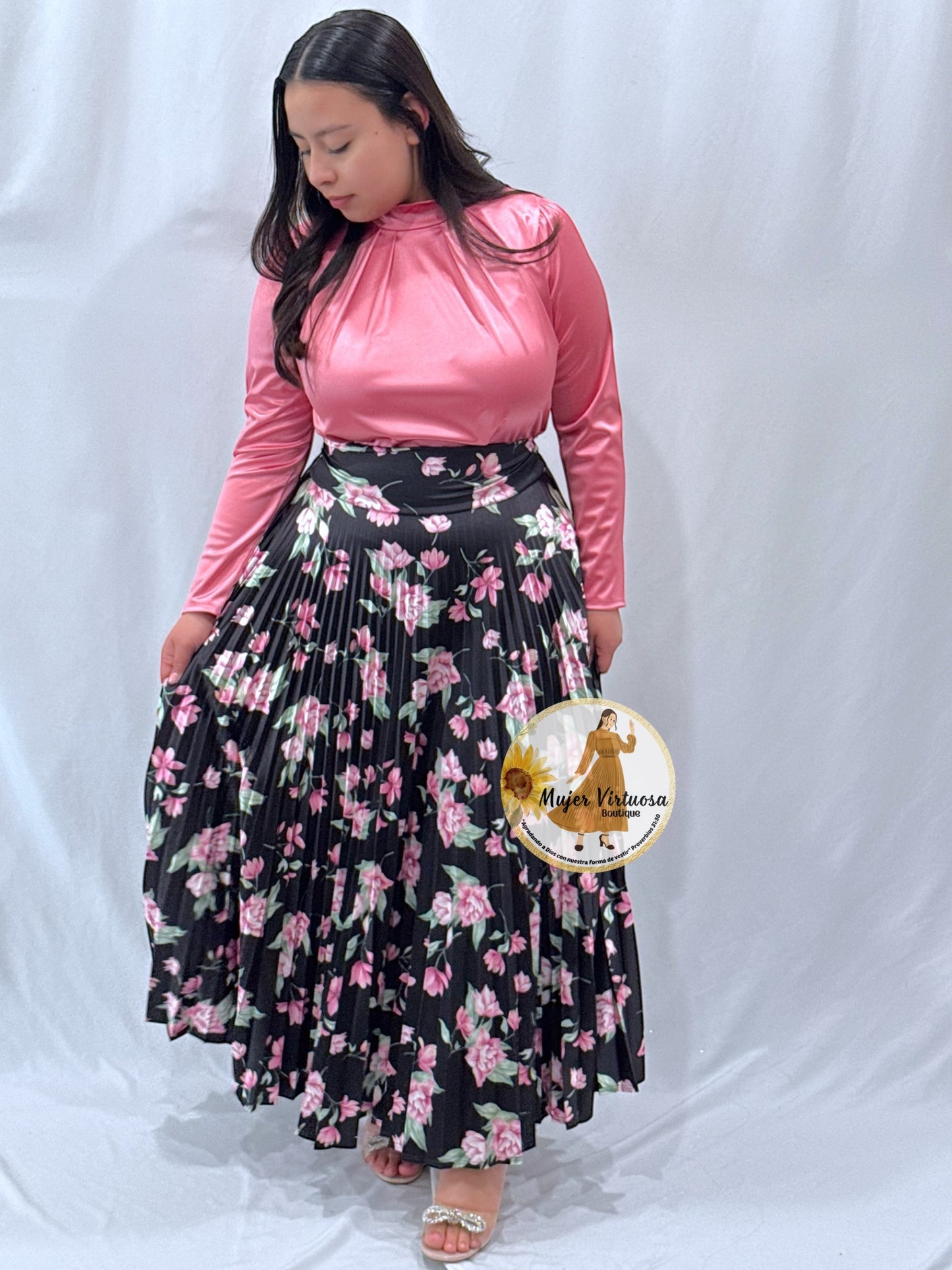 Black & Pink Flowers Pleated Satin Skirt