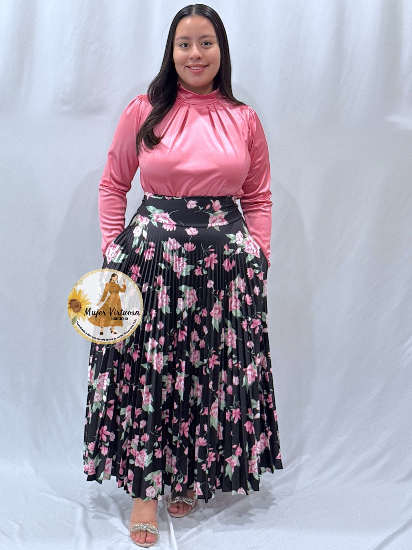 Black & Pink Flowers Pleated Satin Skirt