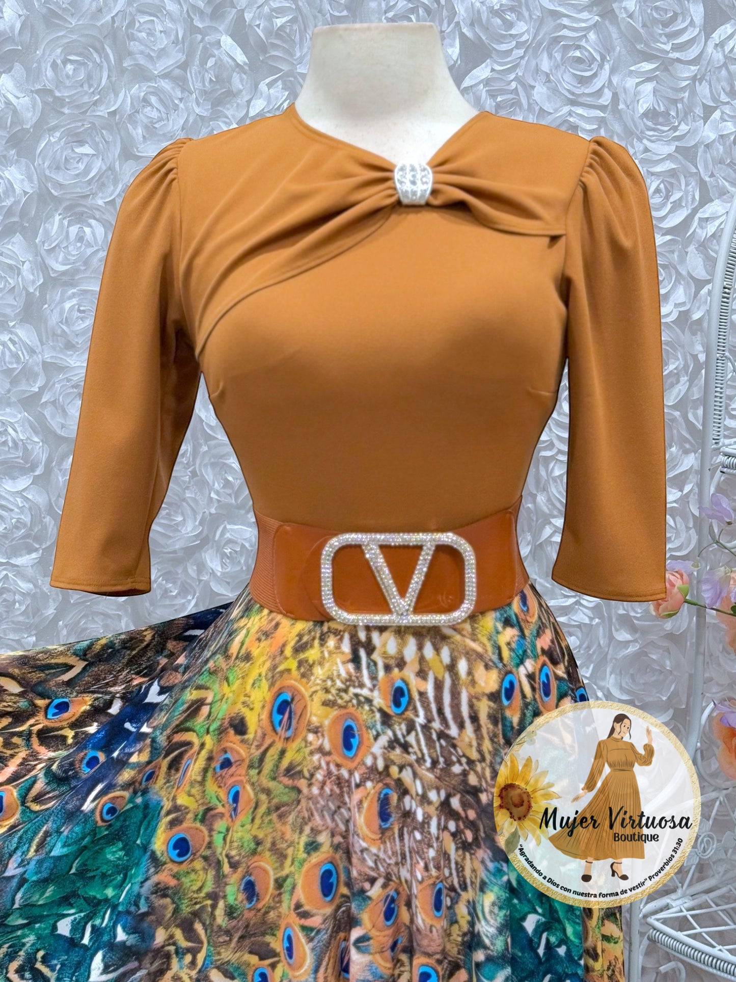 Rosalie Caramel Peacock Print Dress