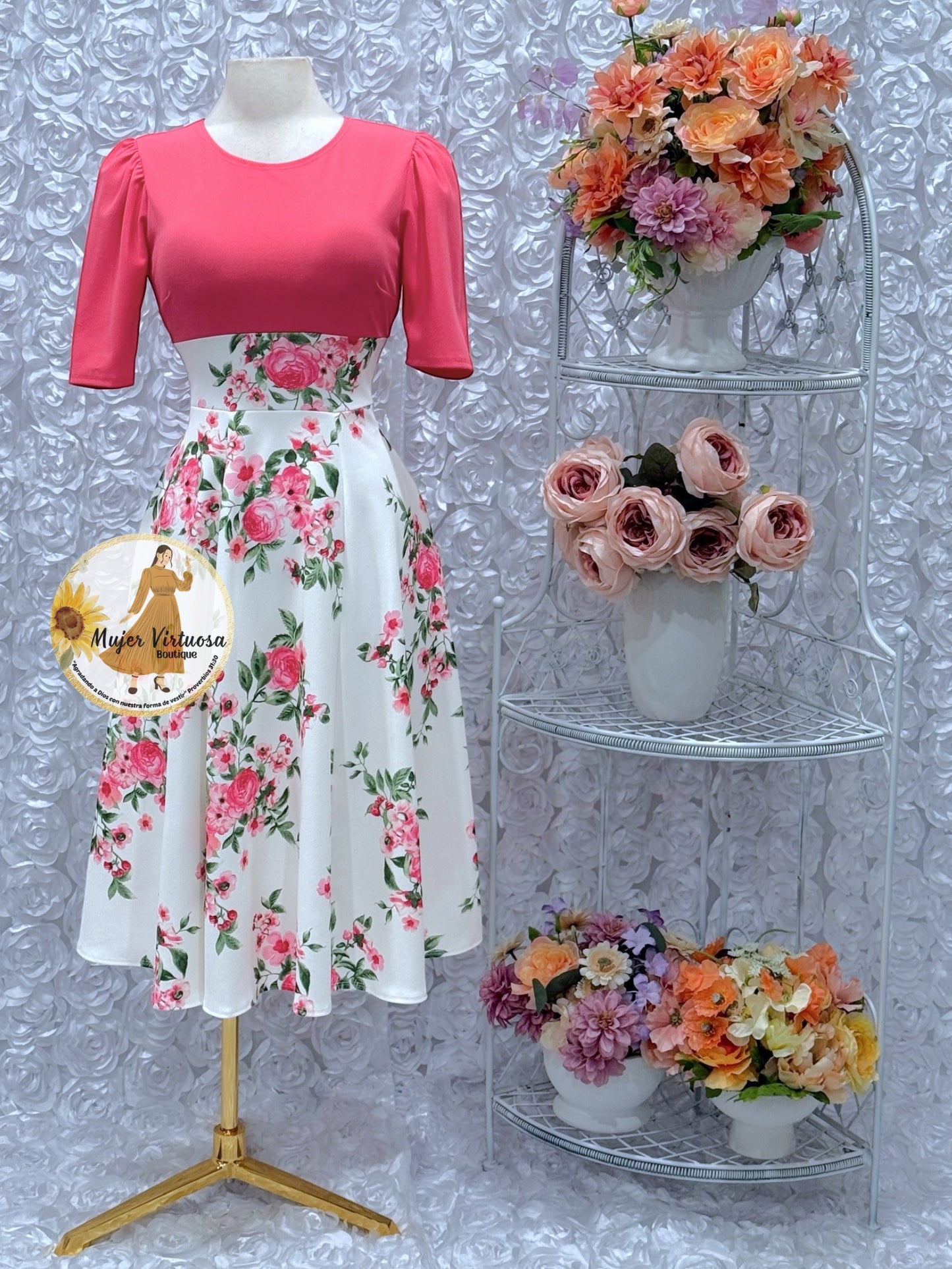 Eliana Coral/White Midi Dress