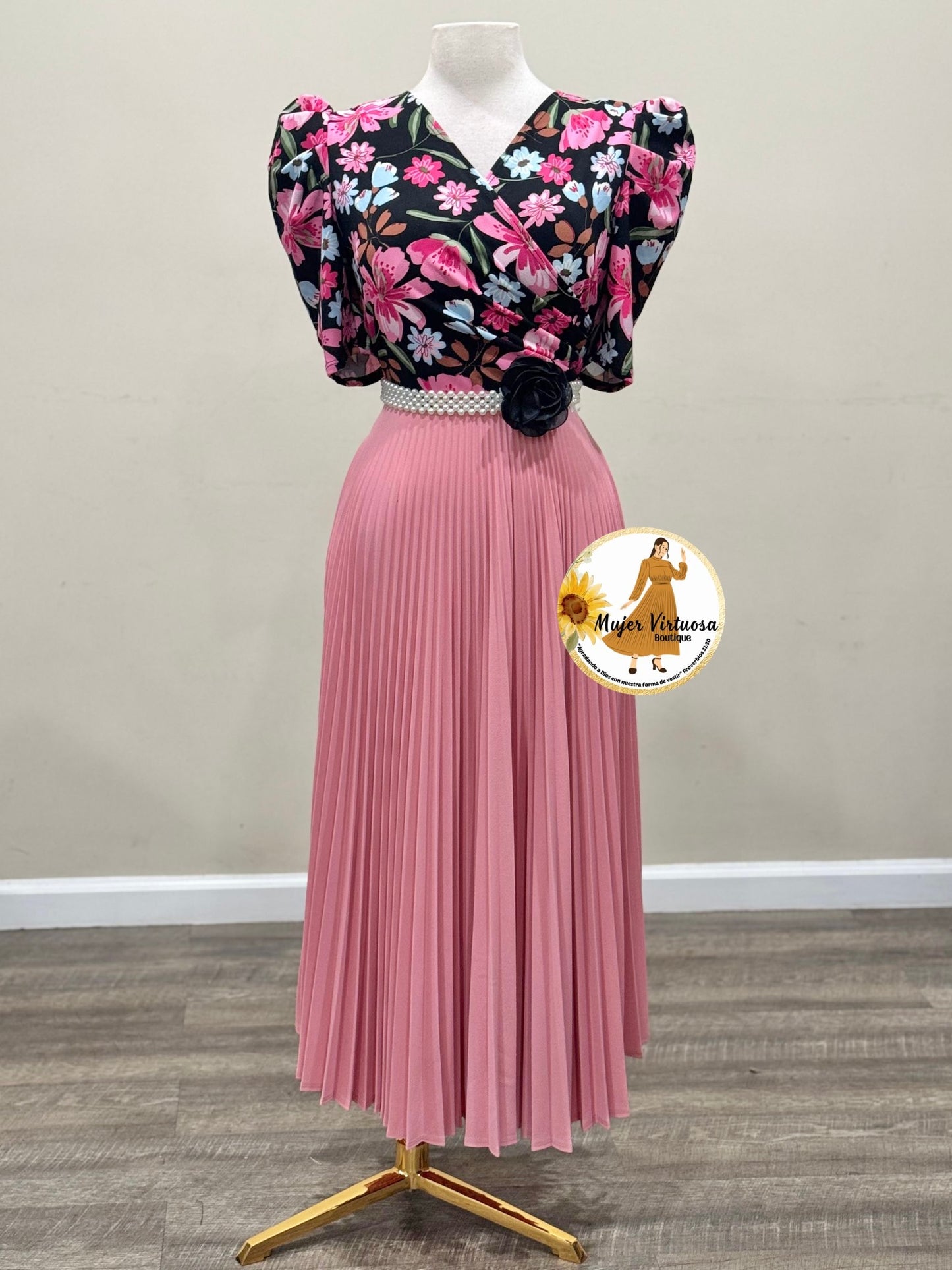 Black & Pink Pleated Floral Dress