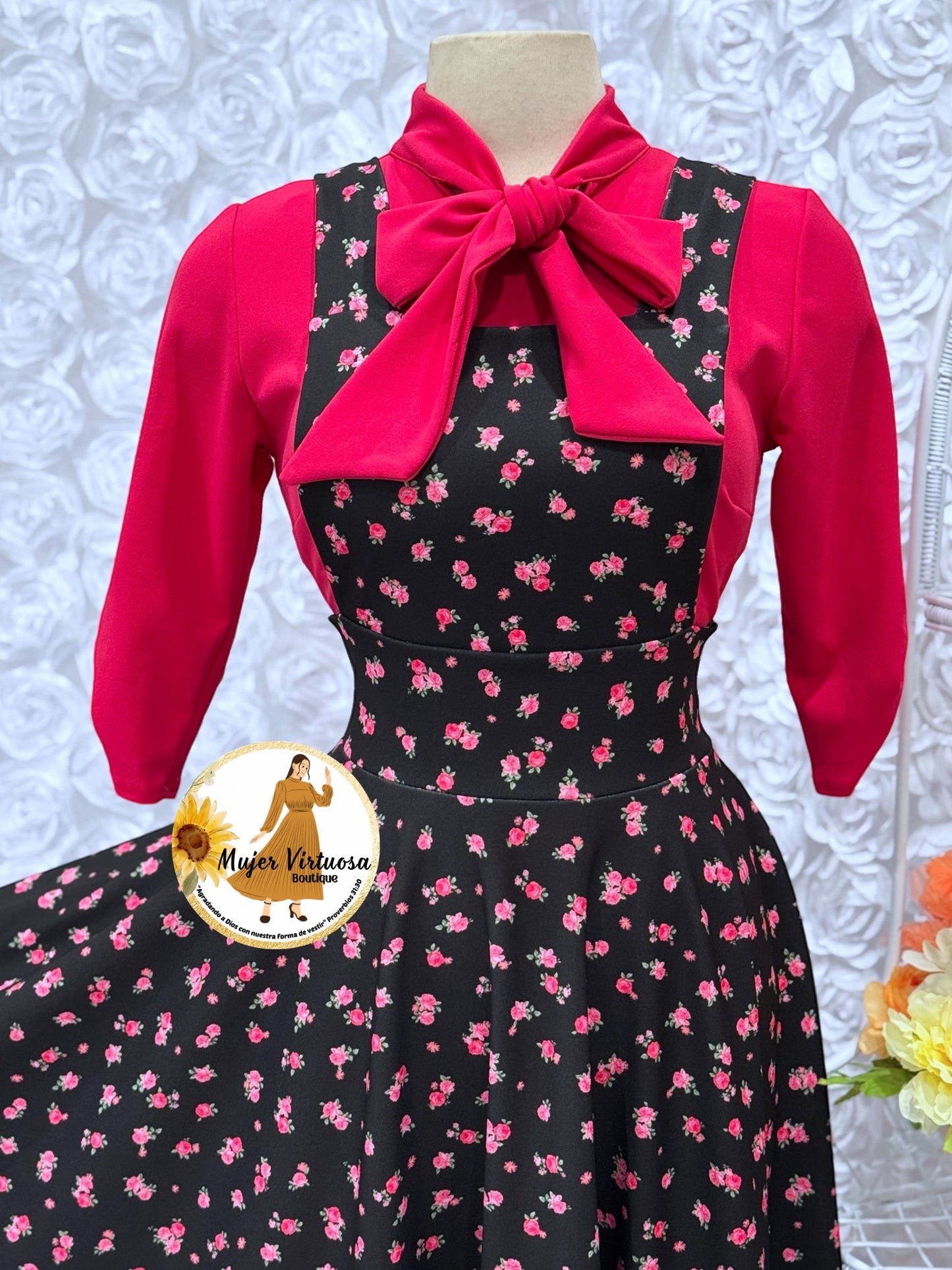 Angie Black/Fucsia Ditsy Floral Overall
