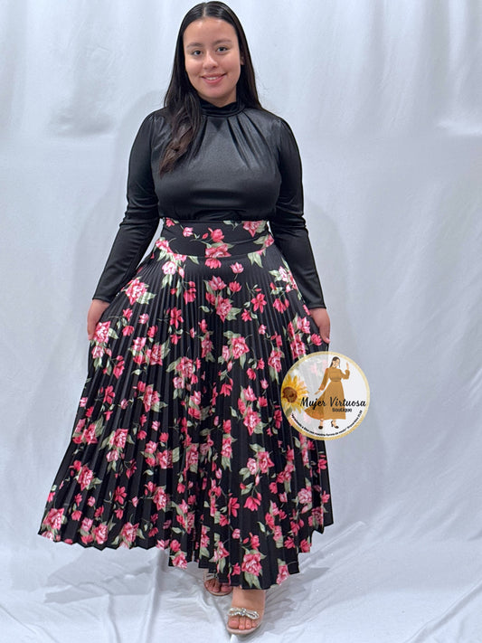 Black & Red Flowers Pleated Satin Skirt