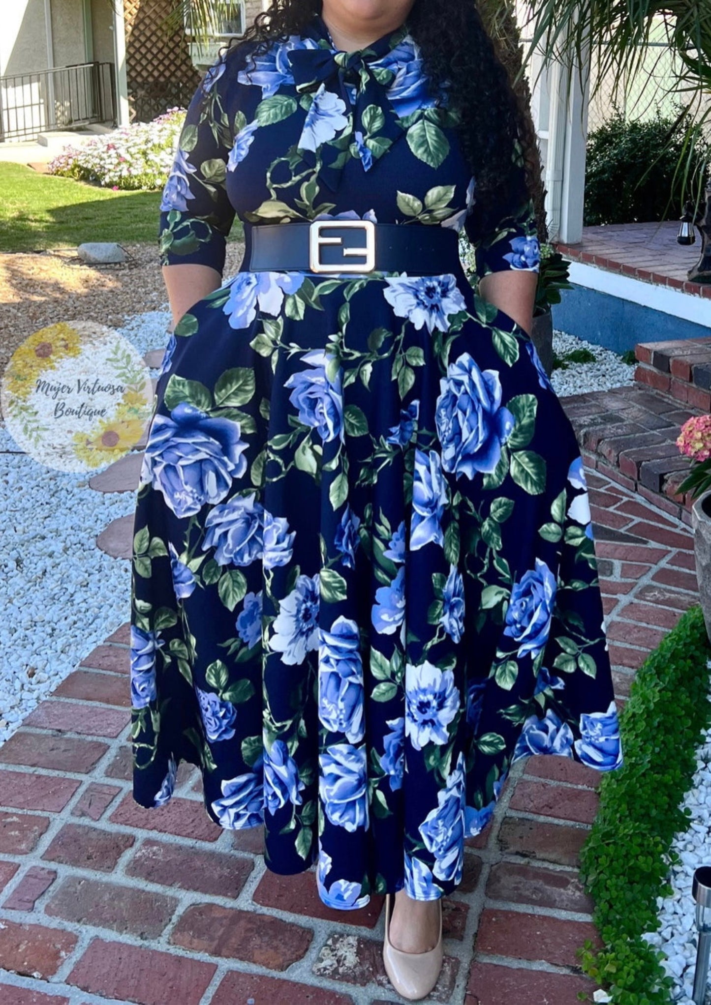 Anna Navy Blue Roses Dress
