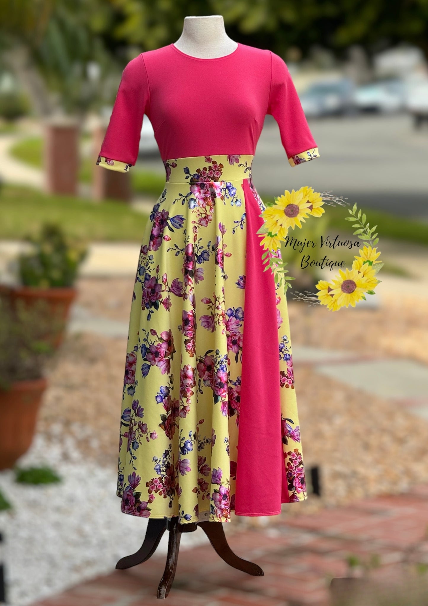 Coral & Yellow Foil Print “Andrea” Dress
