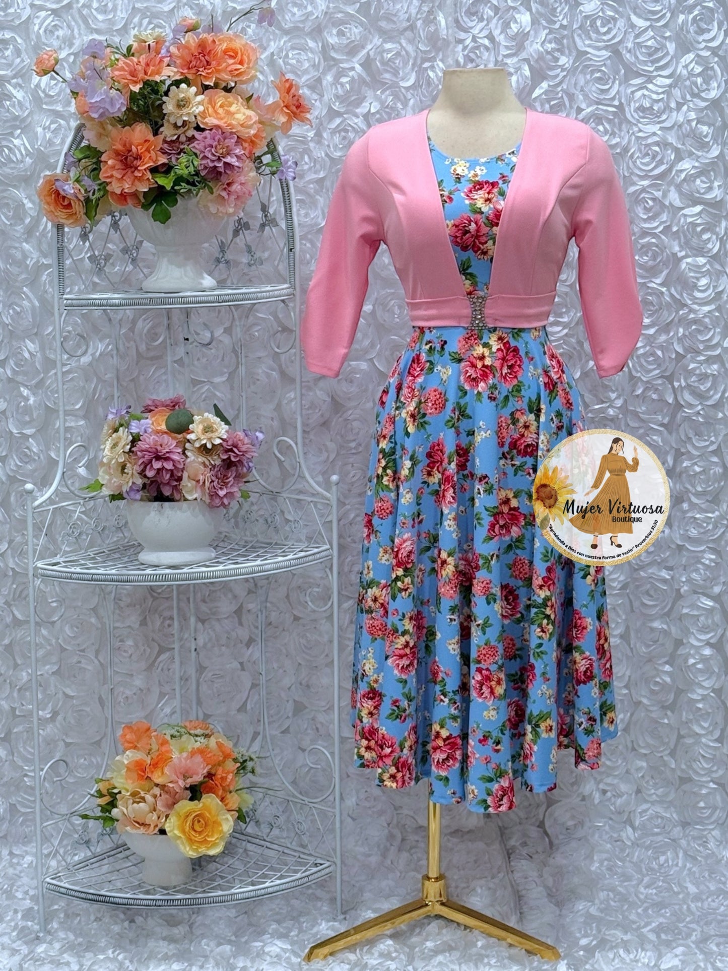 Pink/Blue Floral Midi Dress