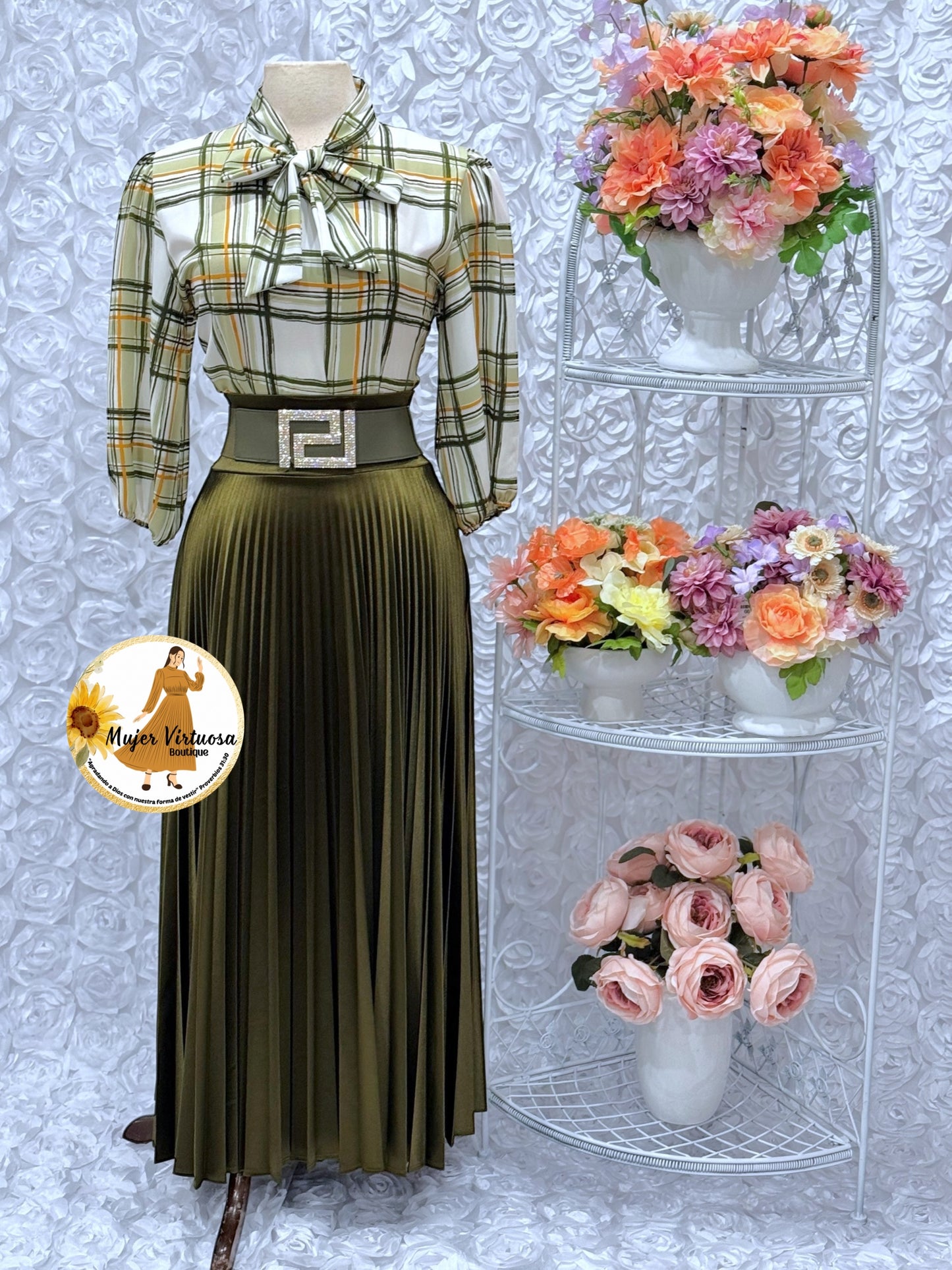 Olive Pleated Satin Skirt