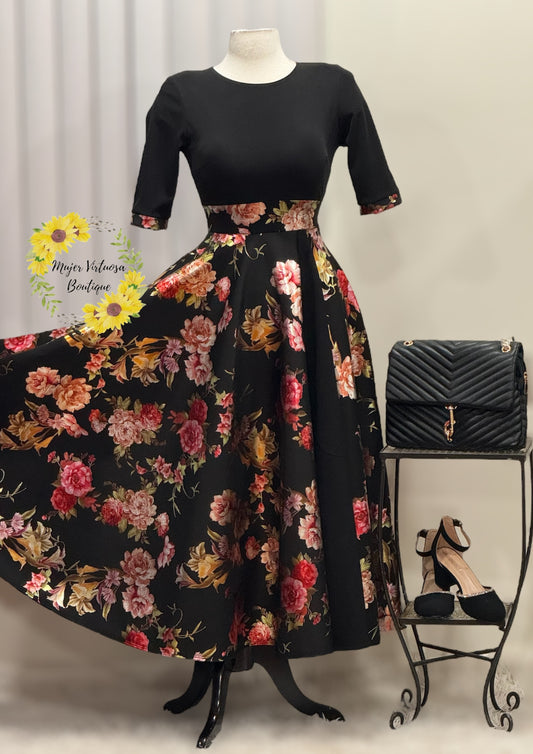 Black Foil Print “Andrea” Dress
