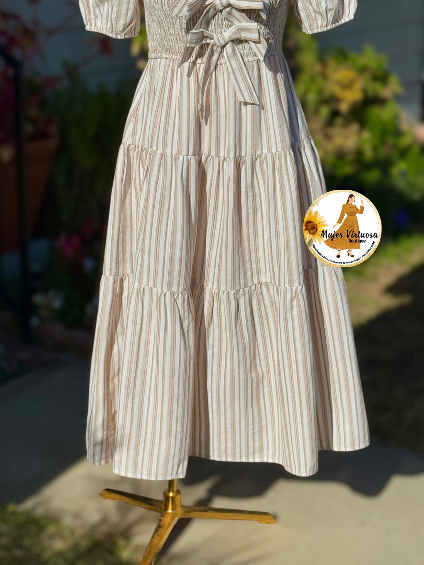 Three Bows White & Mocha Striped Dress
