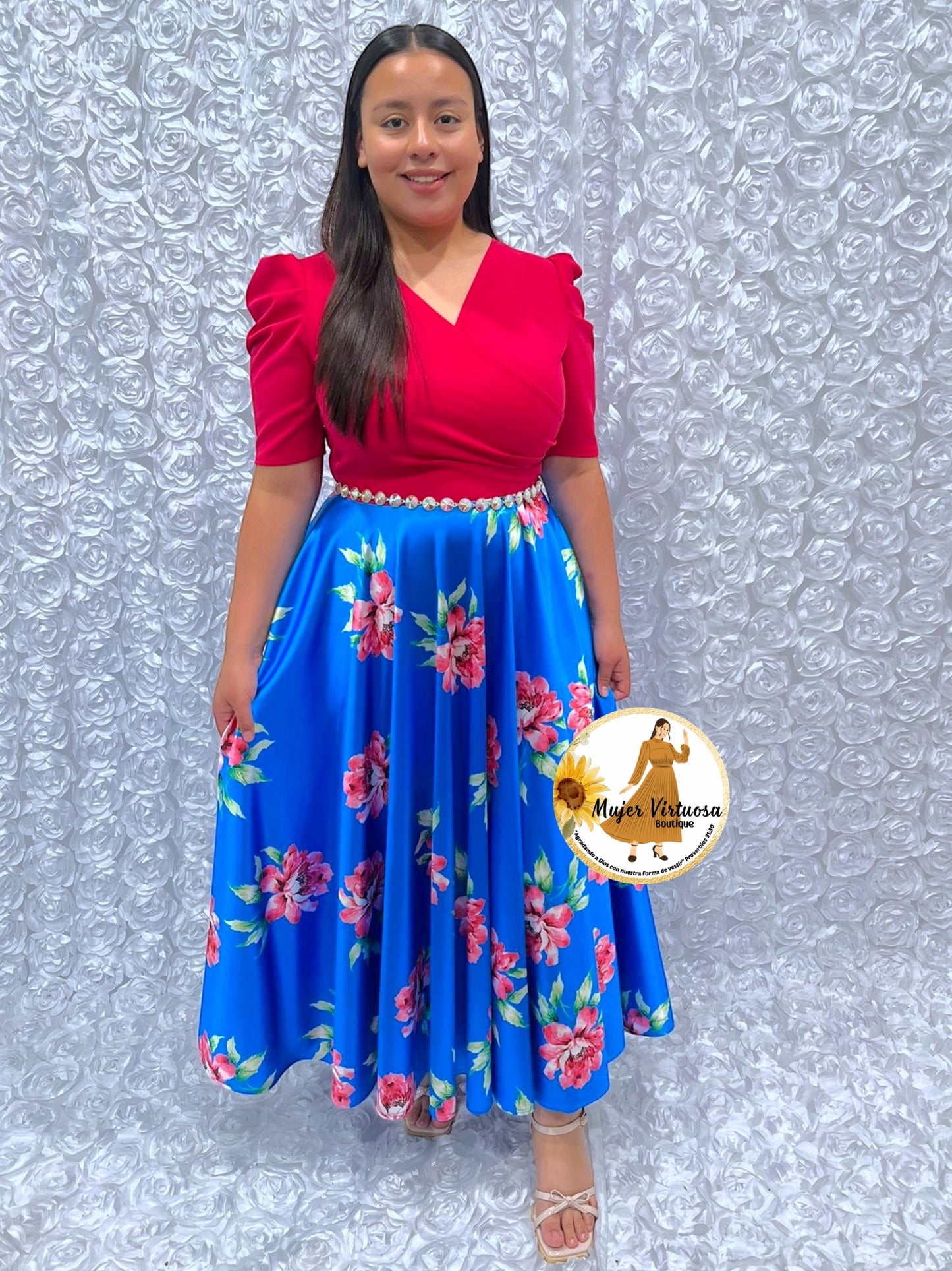 Susan Fucsia/Blue Floral Satin Dress
