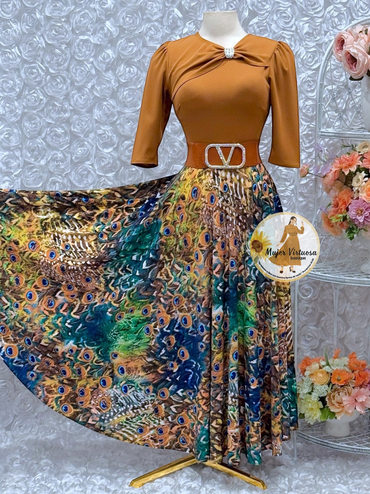 Rosalie Caramel Peacock Print Dress