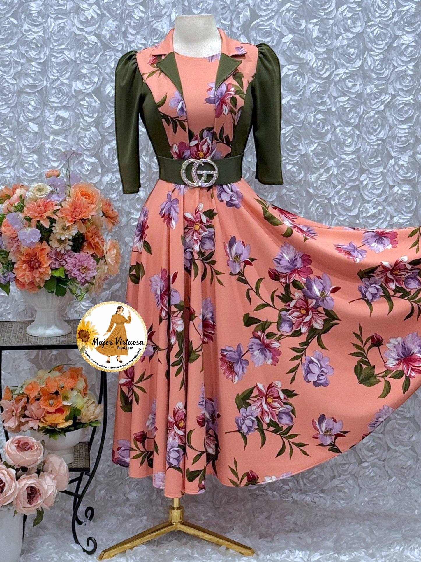 Salmon/Olive Floral Vest Dress