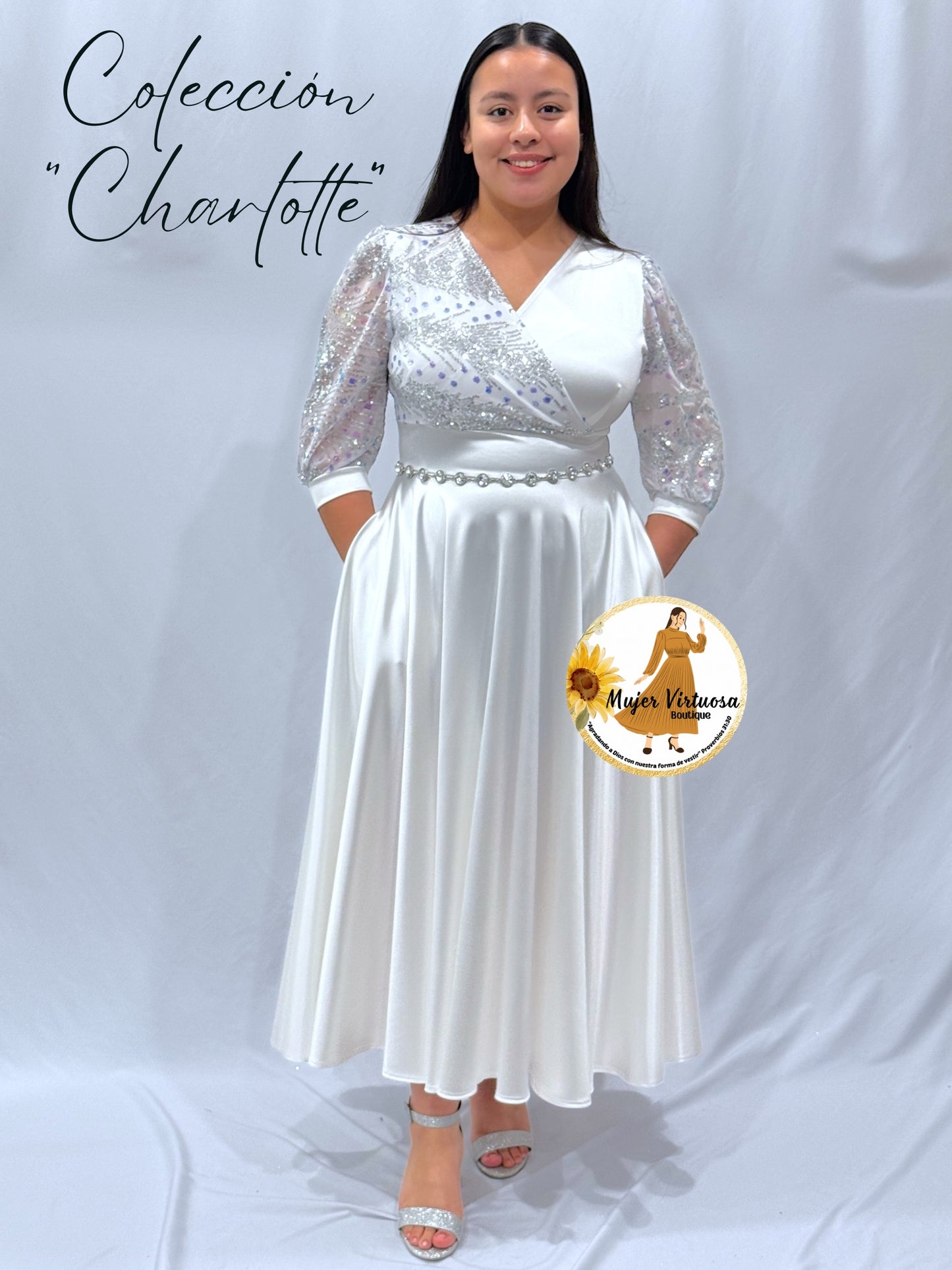 Charlotte White Sequin Satin Dress