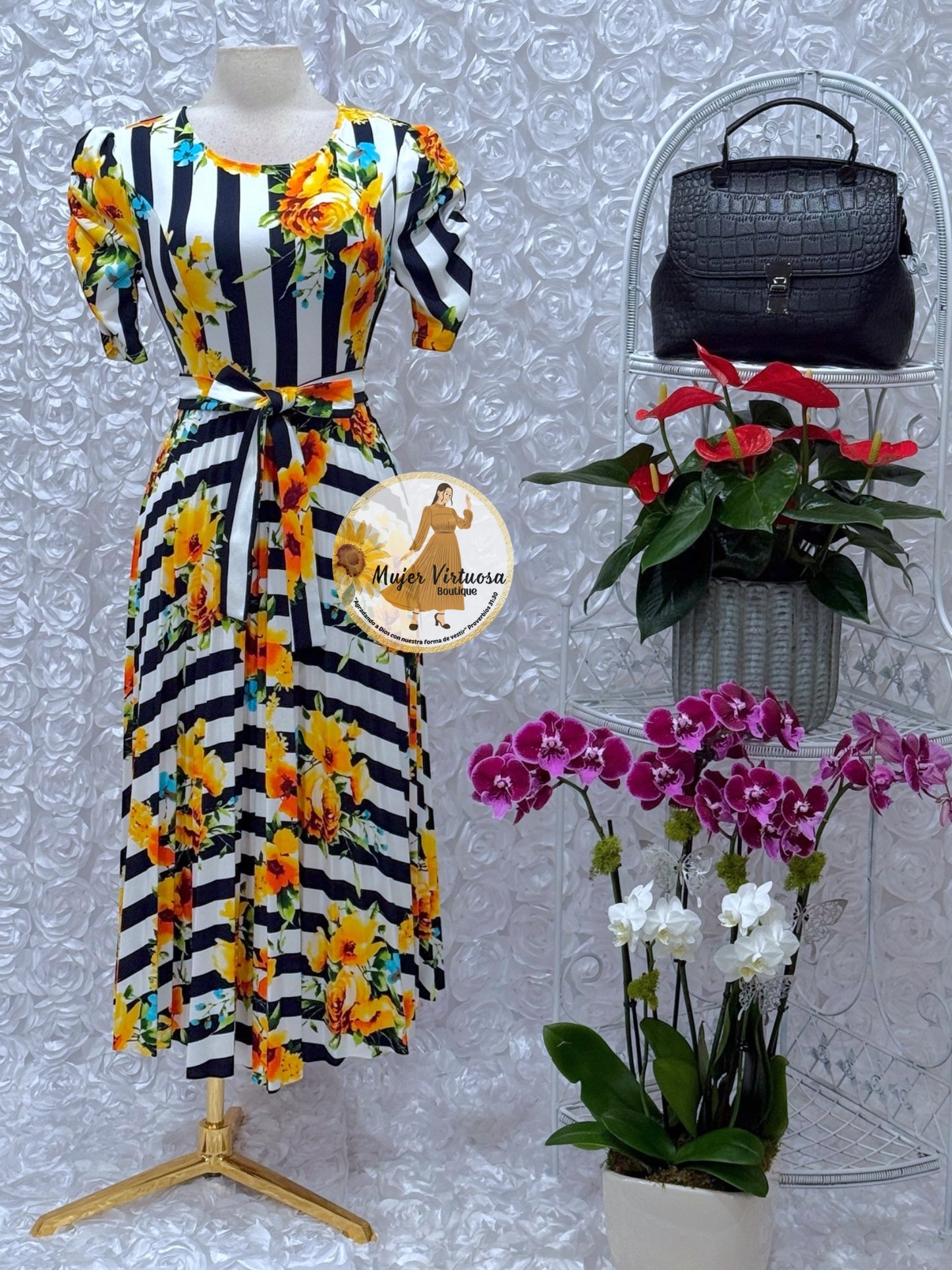 White Striped & Floral Midi Dress