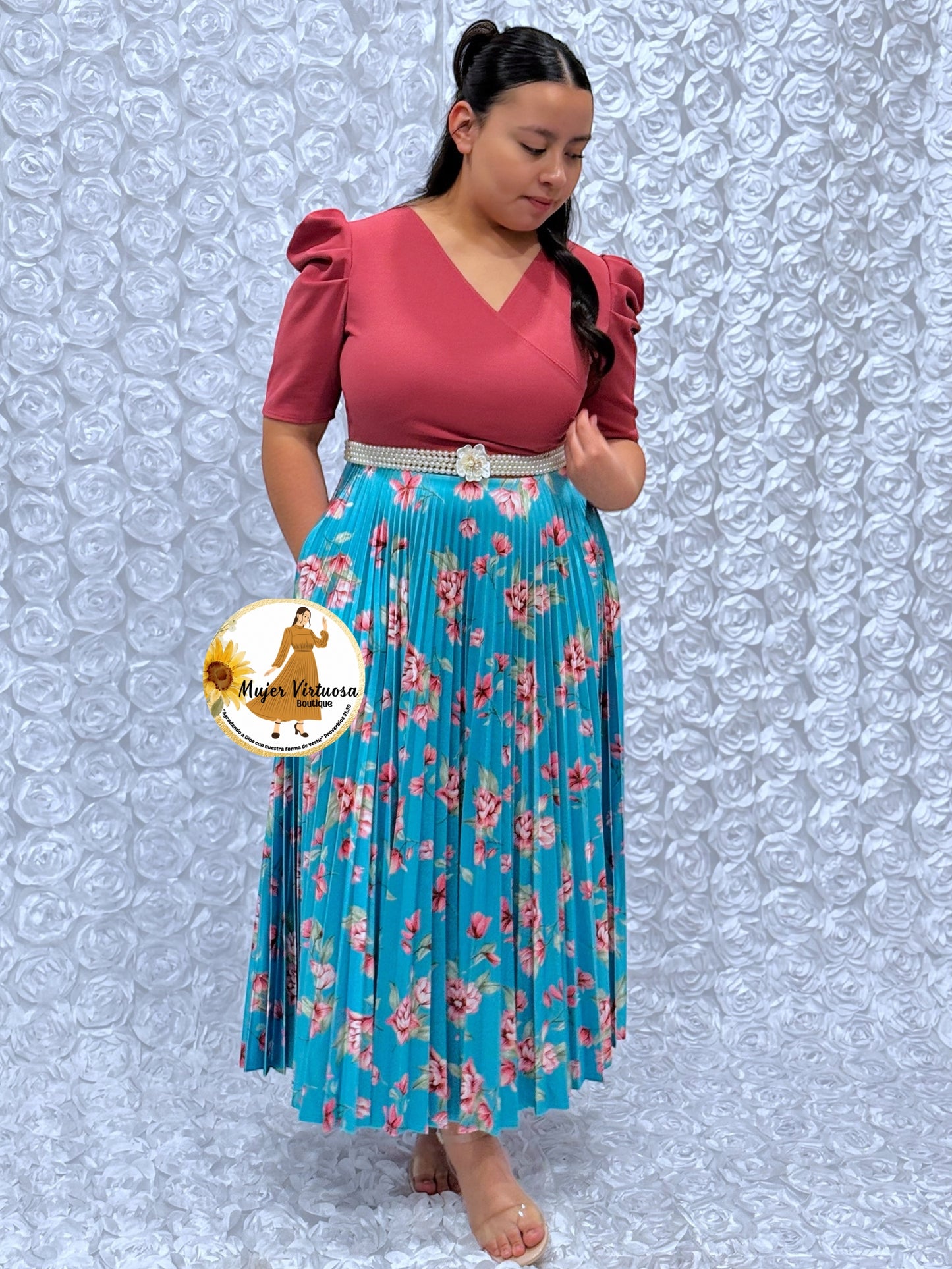 Mauve/Aqua Crepe & Satin Pleated Dress