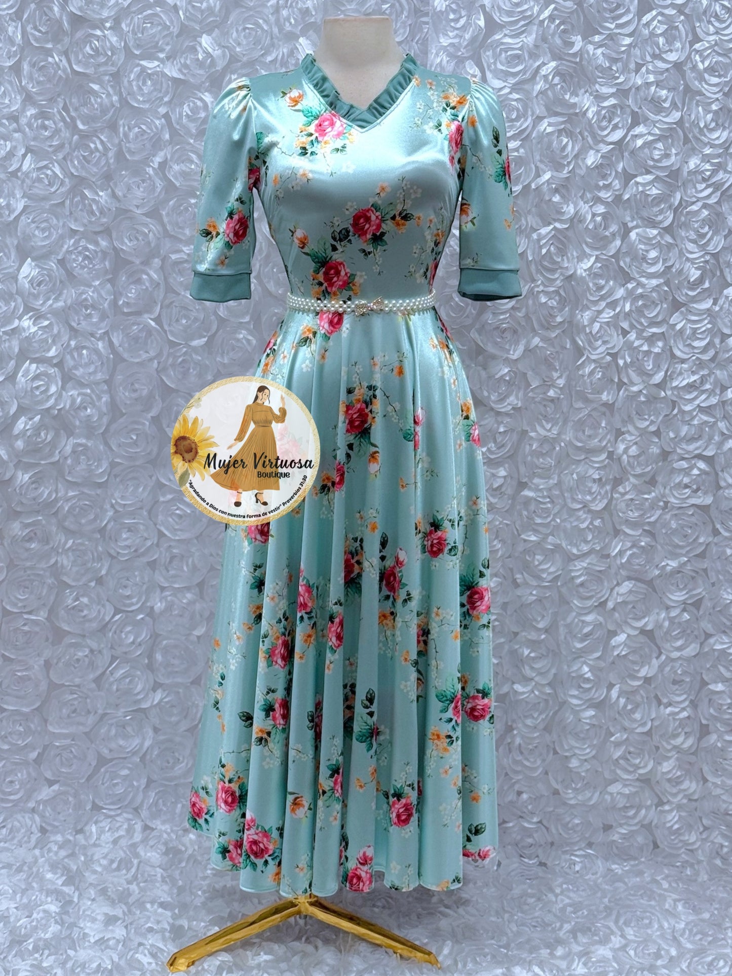 Vivian Sage Satin Floral Dress