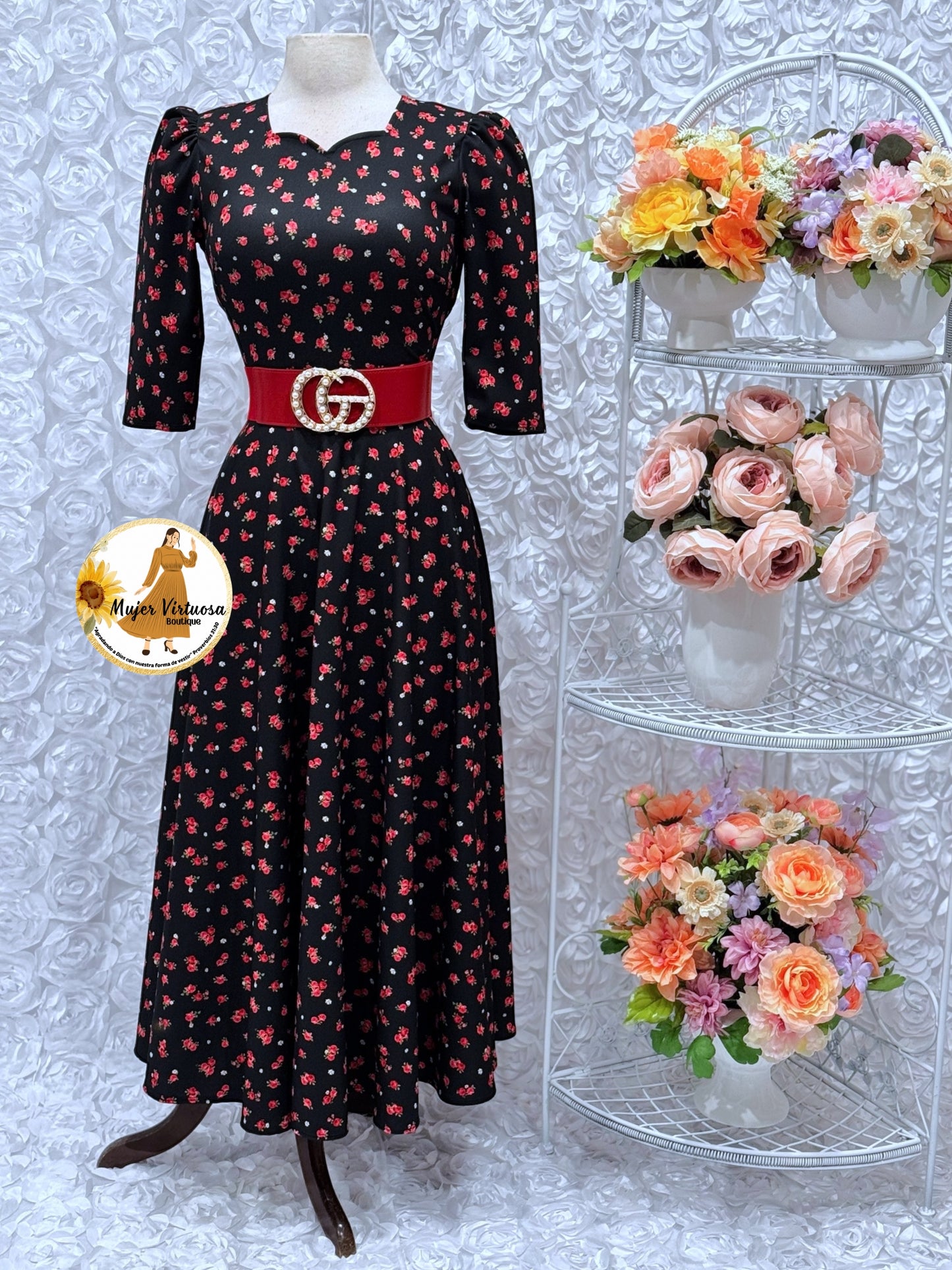 Lucy Black & Red Ditsy Floral Dress