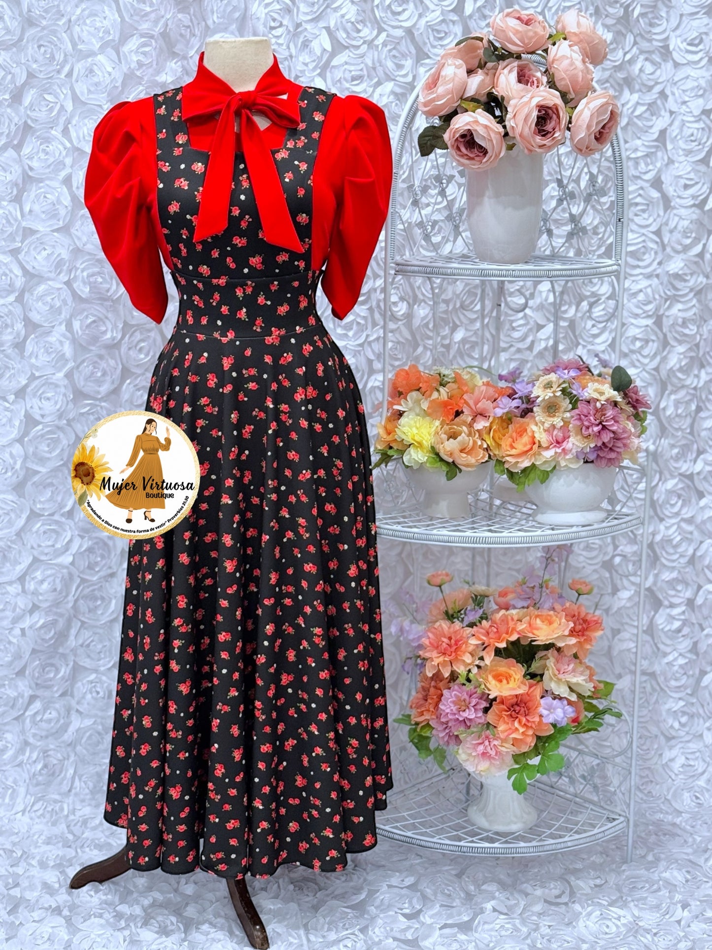 Angie Black/Red Ditsy Floral Overall