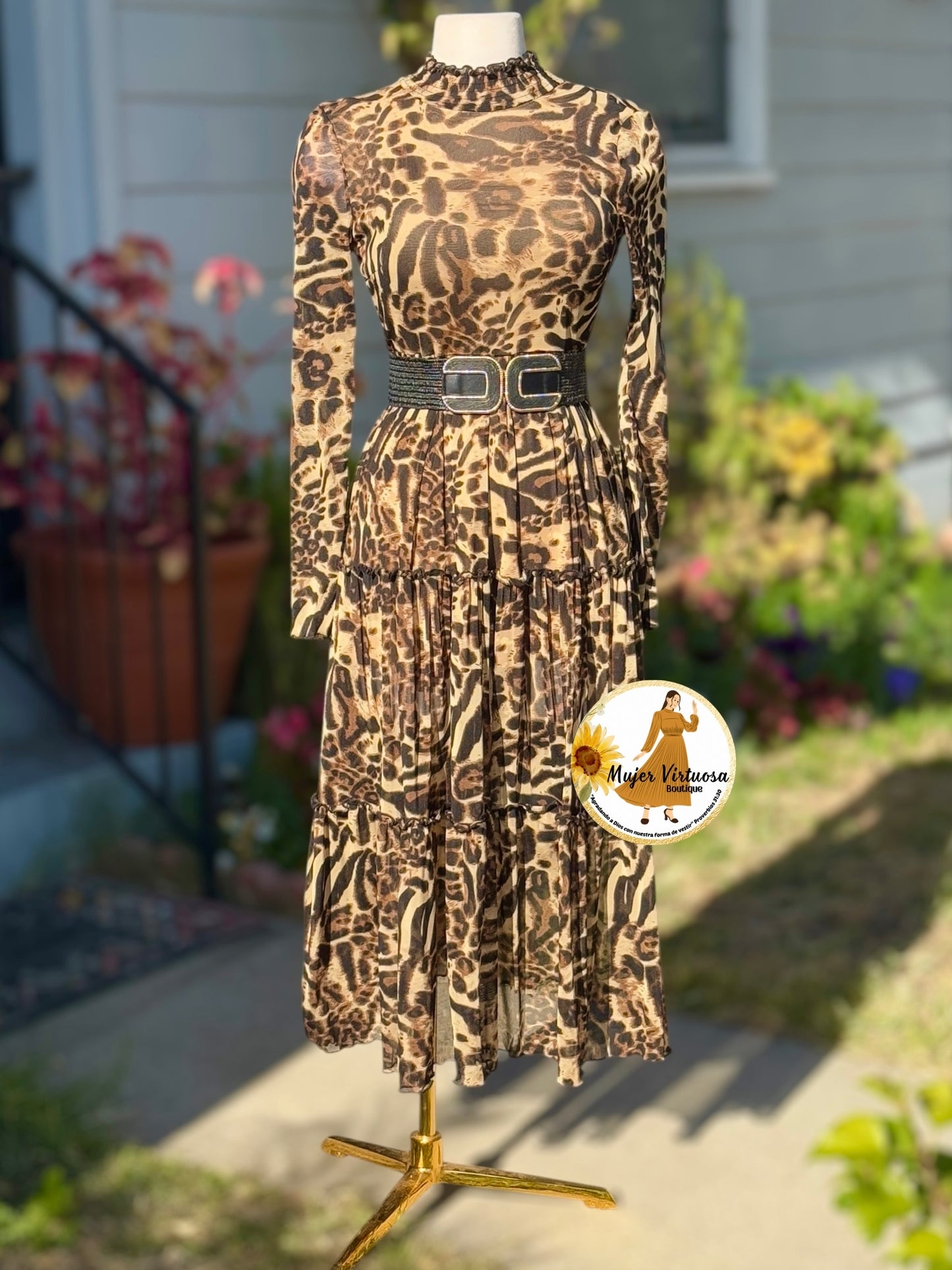 Mesh Animal Print High Neck Dress