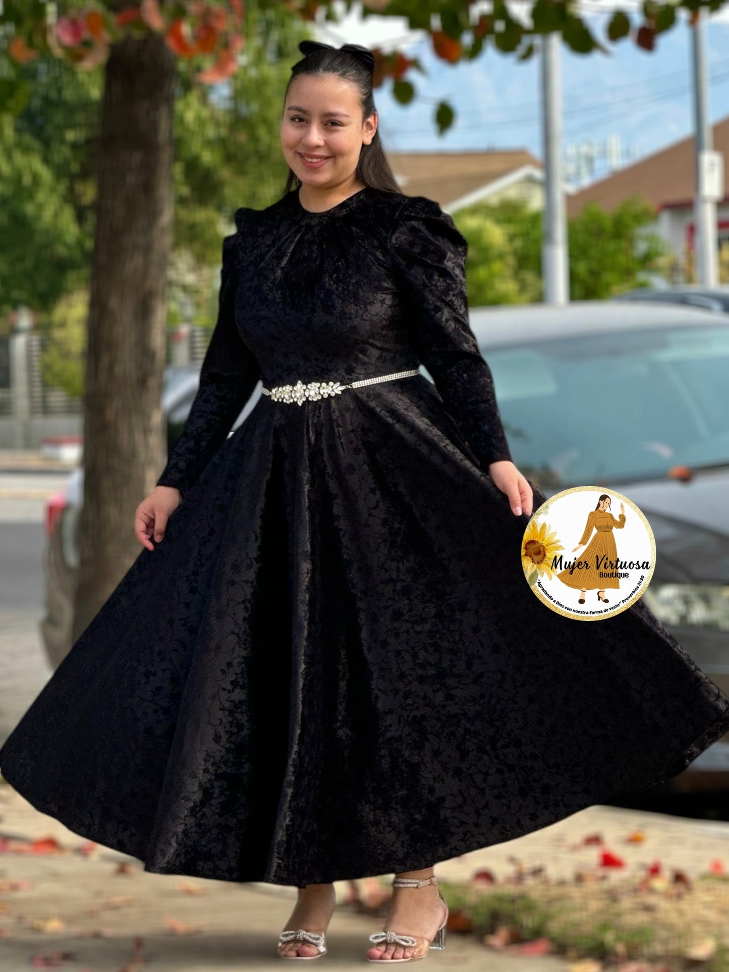 Eloisa Black Velvet with Flowers Dress