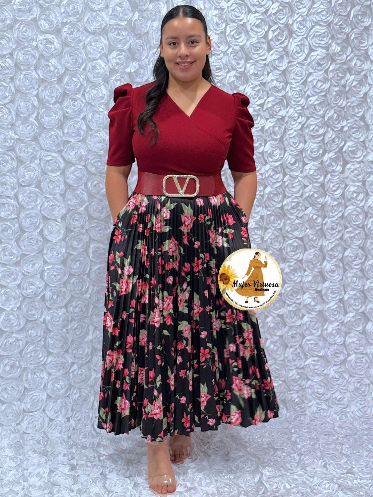 Burgundy/Black Crepe & Satin Pleated Dress