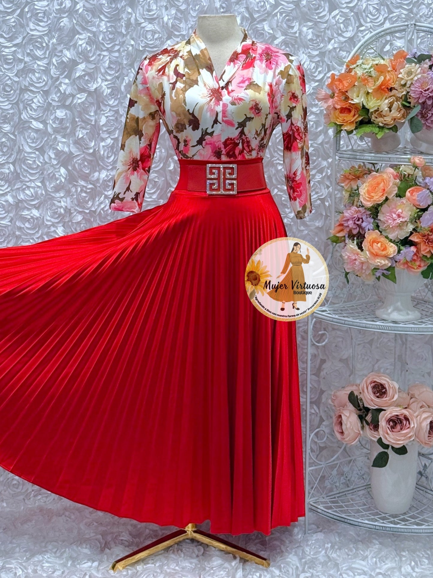 Red Pleated Maxi Skirt