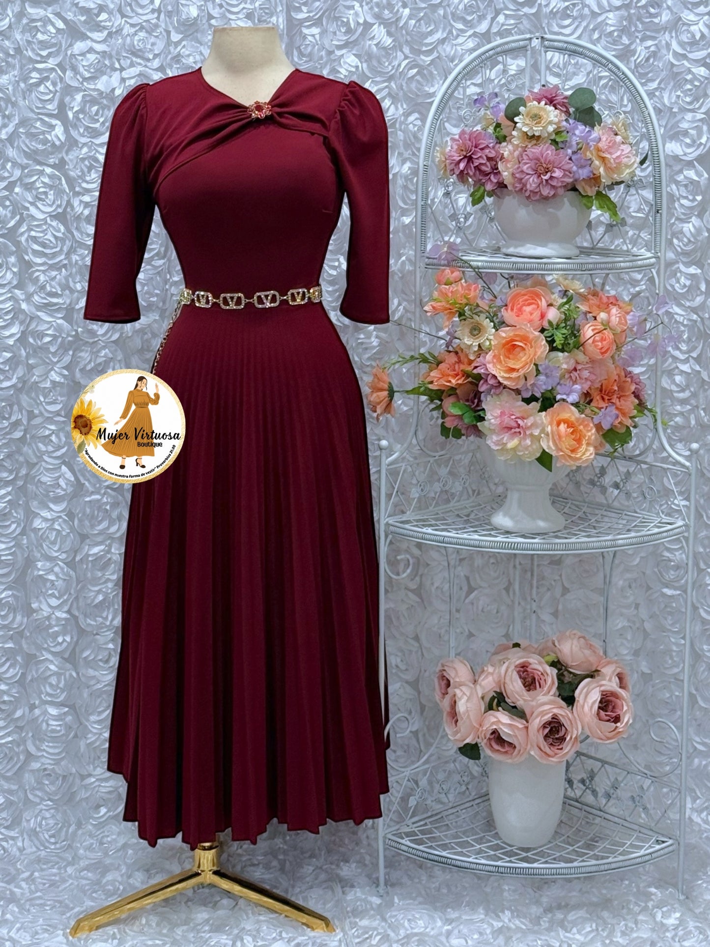 Rosalie Burgundy Pleated Dress