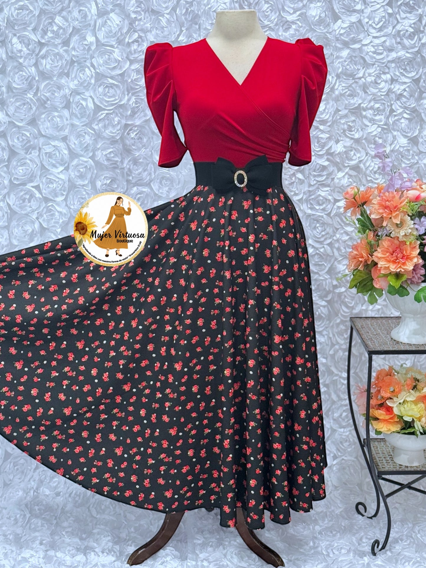 Susan Red & Black Ditsy Dress