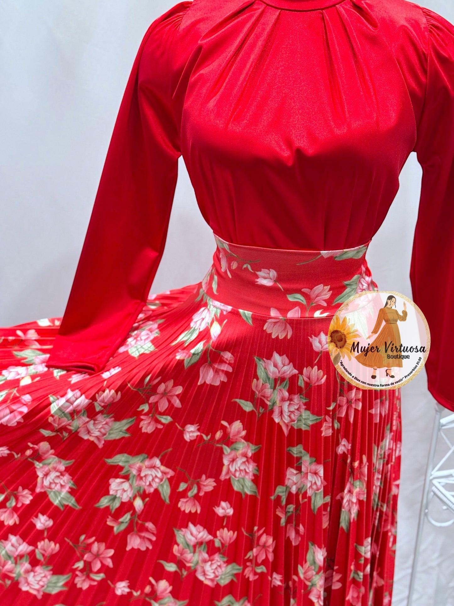 Red Floral Pleated Satin Skirt