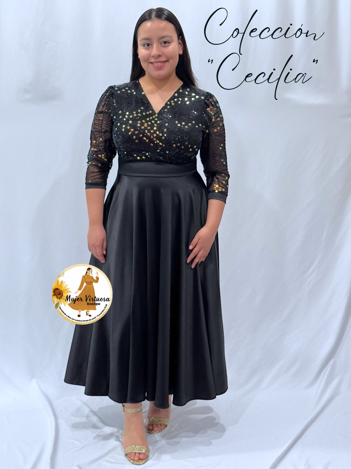 Cecilia Black Sequin Satin Dress