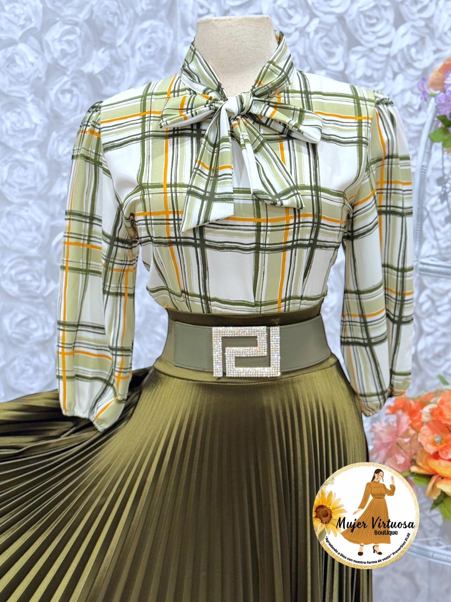 Olive Pleated Satin Skirt