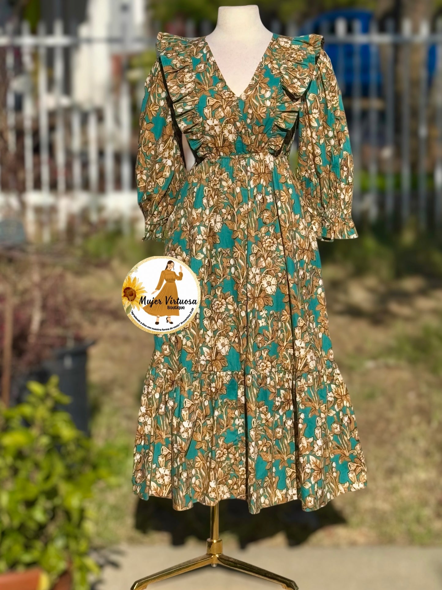 Aqua/Mustard Floral Midi Dress