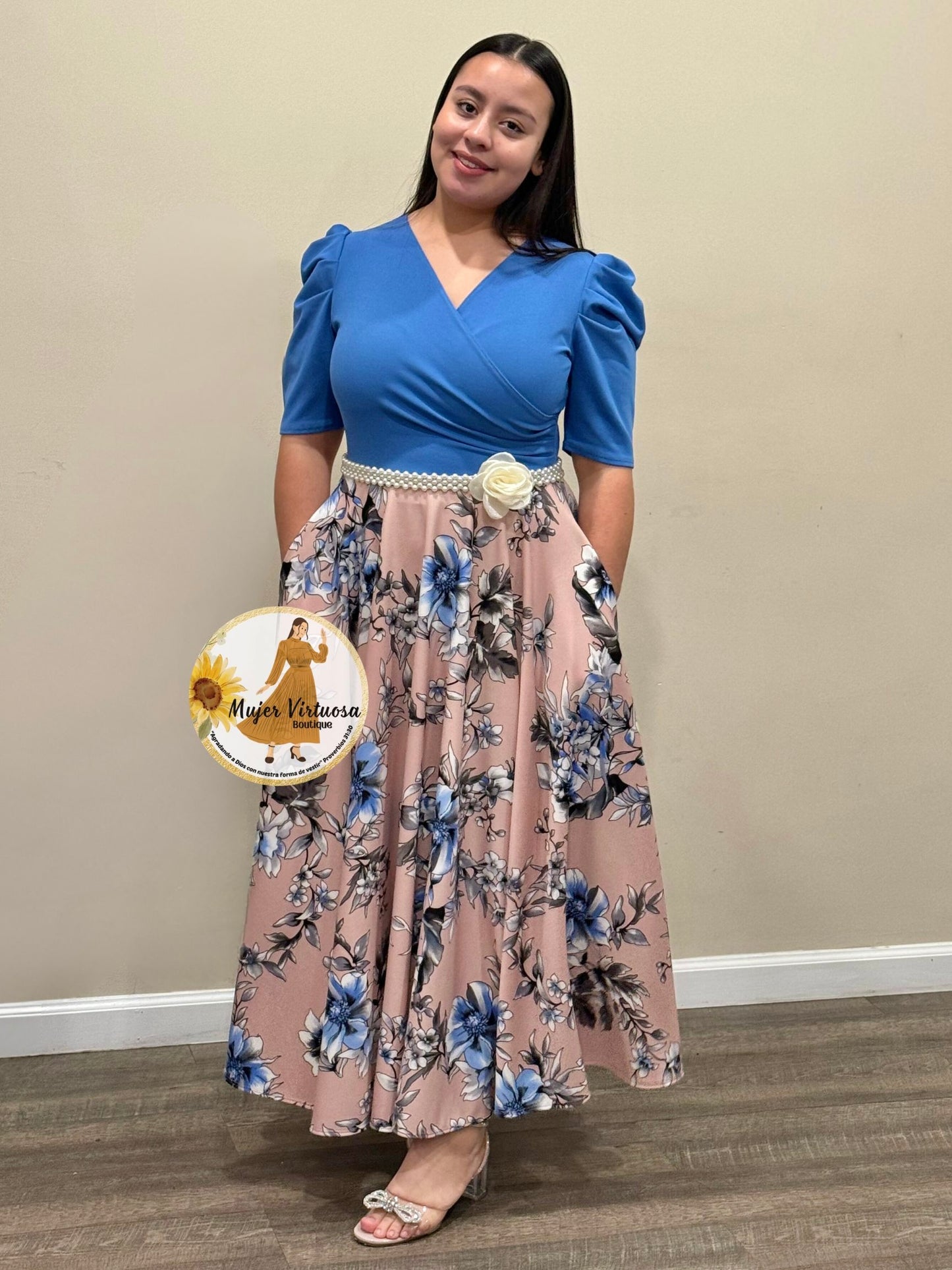 Susan Denim Blue & Pink Floral Dress
