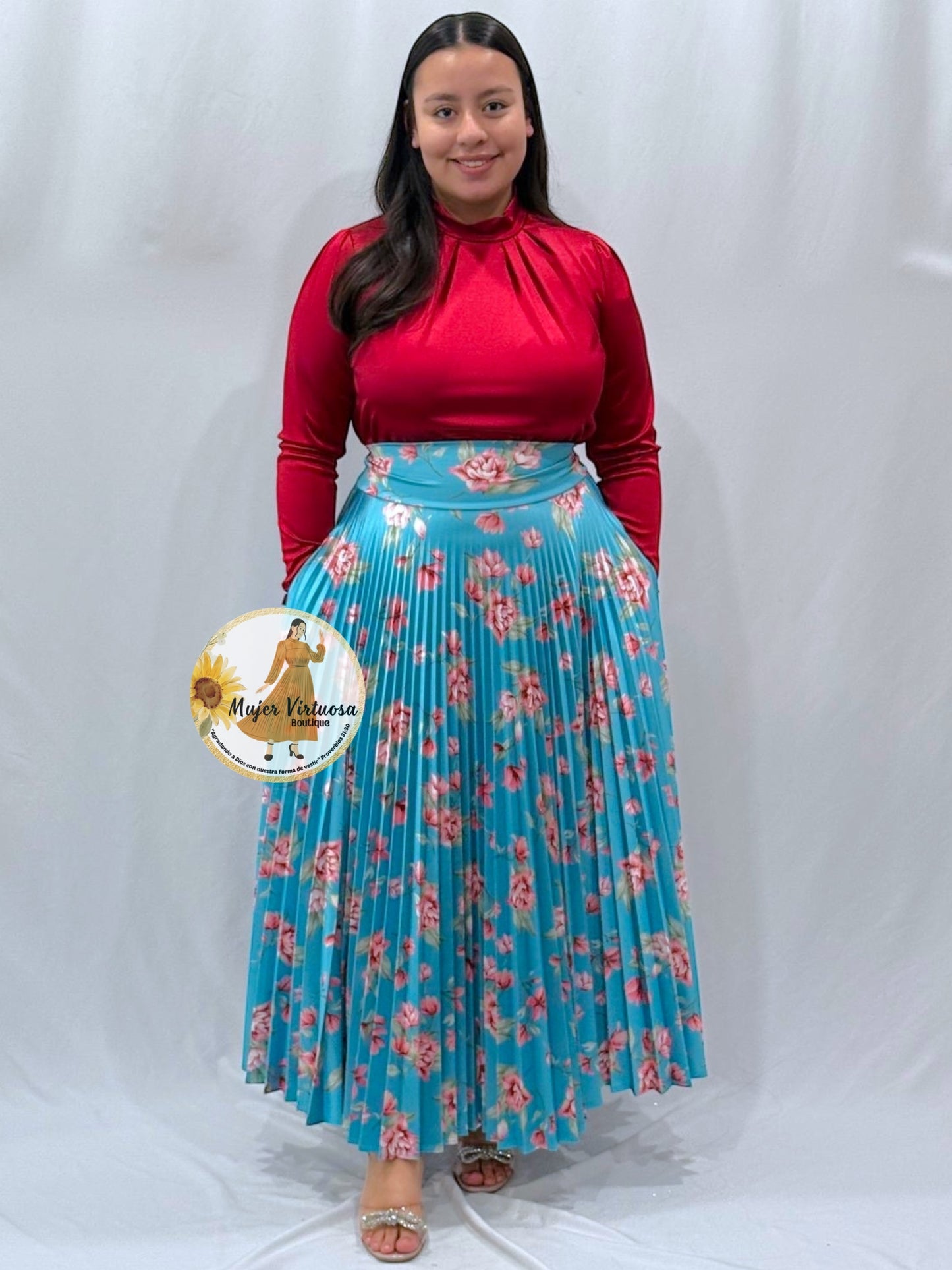 Aqua Floral Pleated Satin Skirt