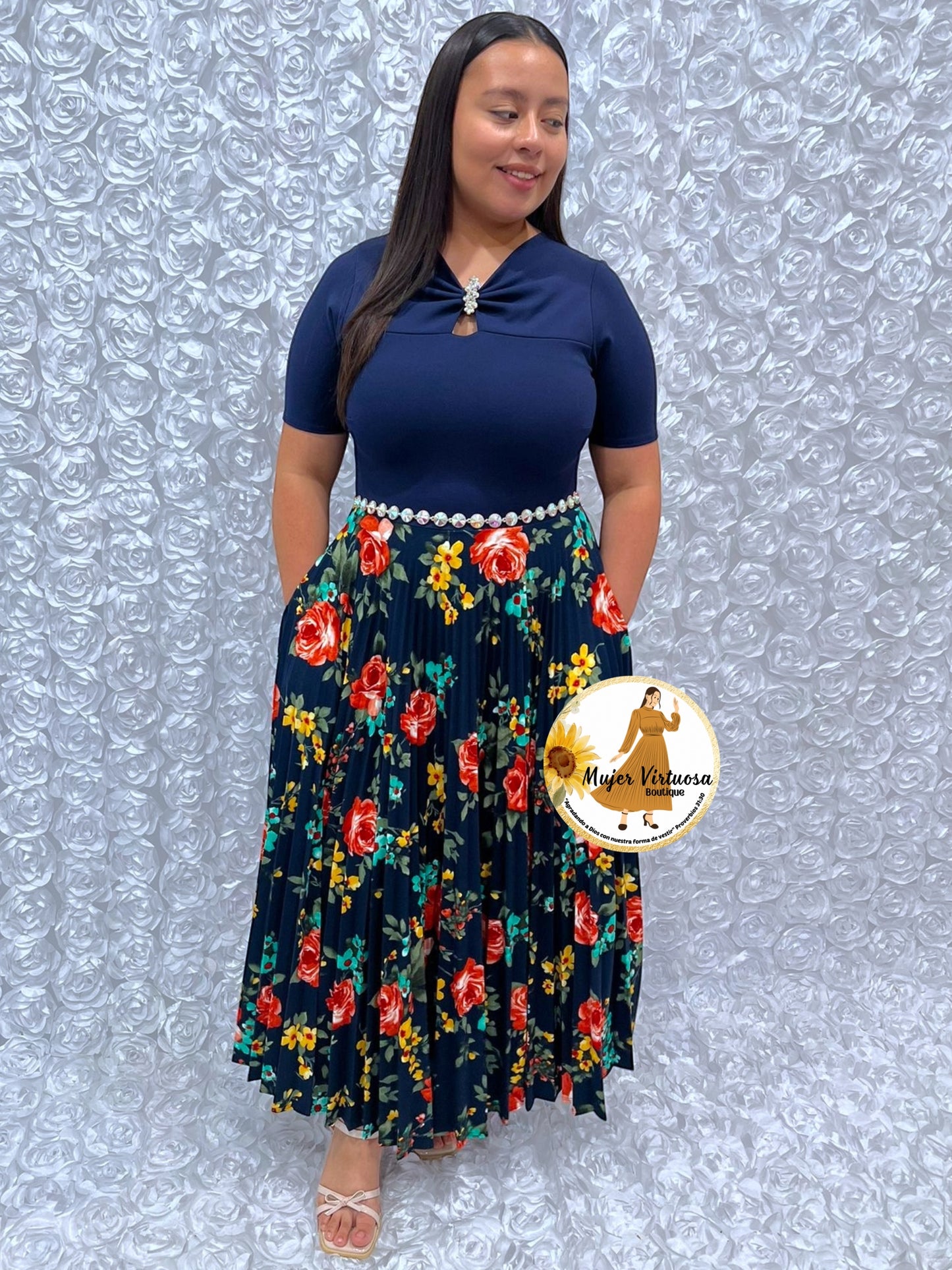 Sandy Navy w/Red Roses Dress