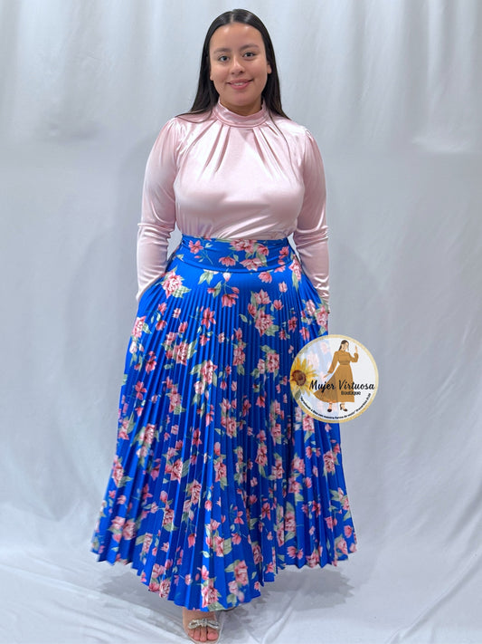 Royal Floral Pleated Satin Skirt