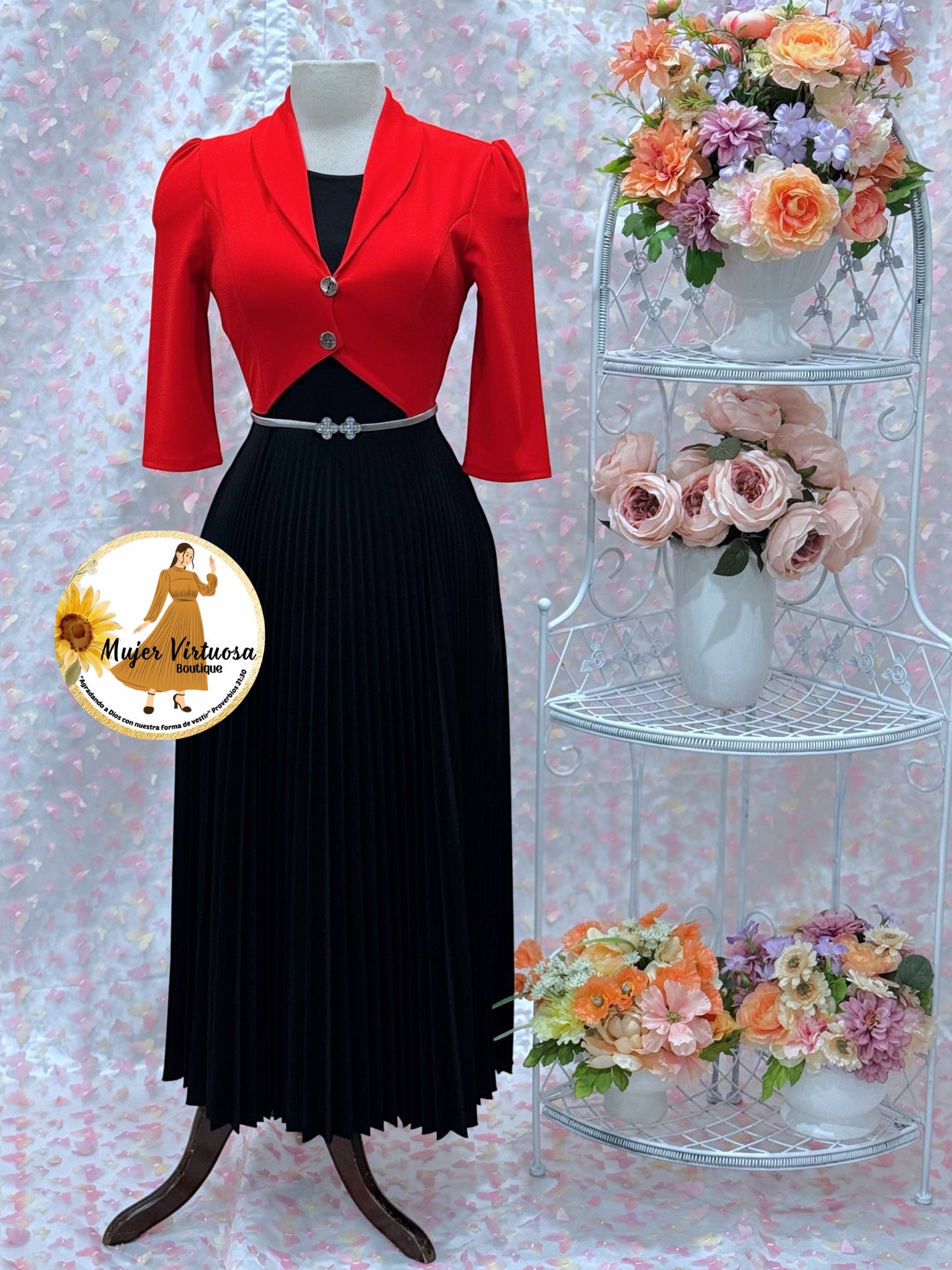 Milena Red & Black Pleated Dress